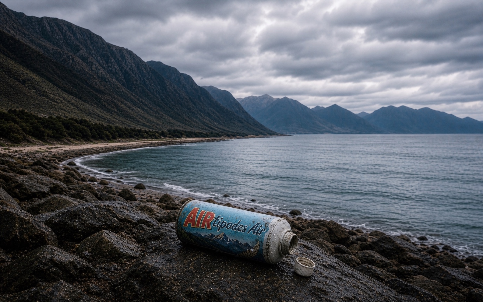 Discarded open AIRtipodes Air bottle on a New Zealand shoreline for The Anatomy of Air