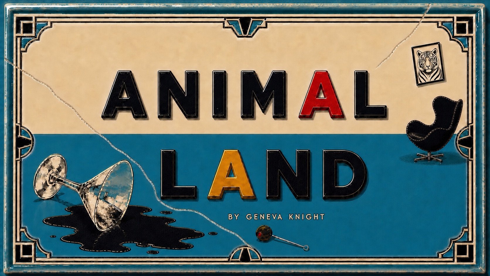 Animal Land drama-thriller artwork painted on a fractured Art Deco tile, with a black-and-white tiger portrait, Animal on cream and Land on aqua beside an overturned martini